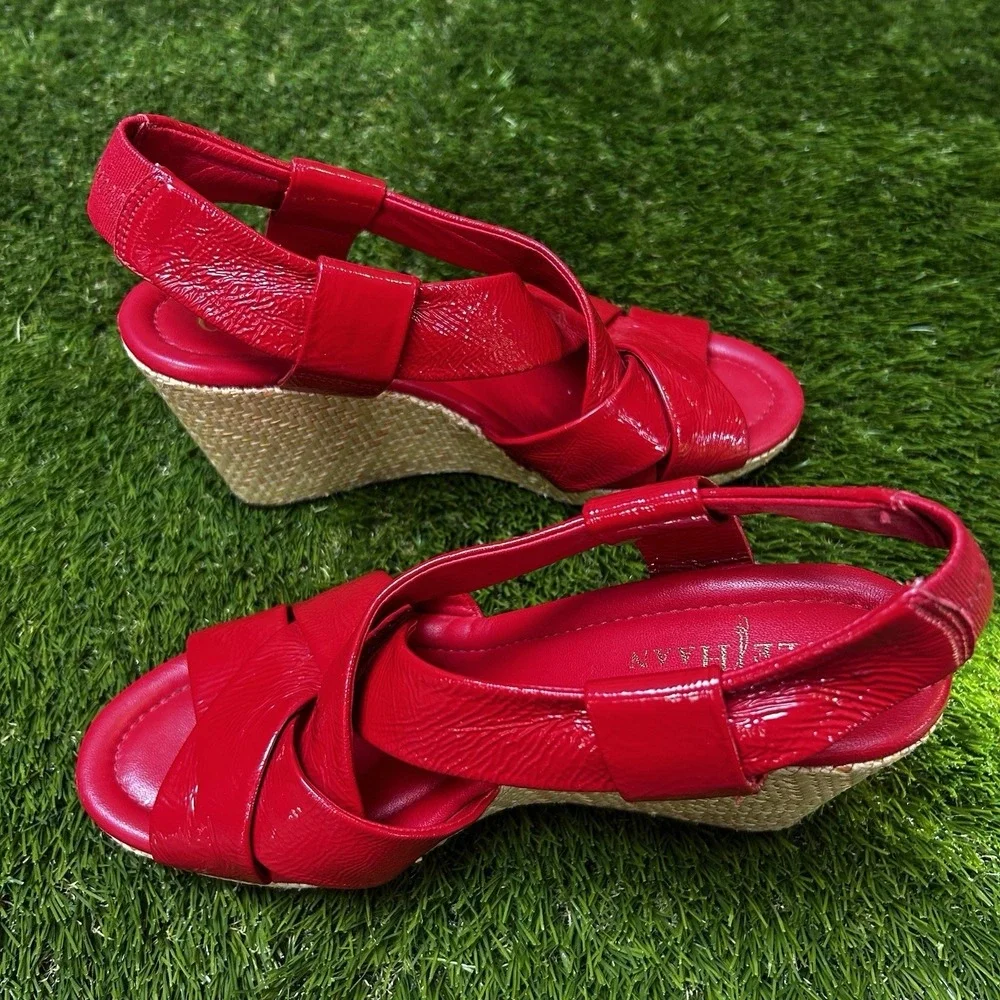 Cole Haan Air Tali‎ Red Patent Leather Crisscross Wedge Sandals Slingback 3.25